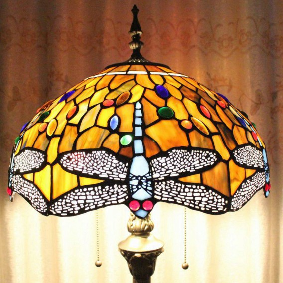 Pull Chain Floor Lamp With Dragonfly Stained Glass Shade