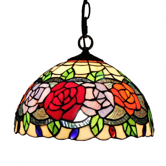 12 Inch European Pastoral Retro Tiffany Pendant Light with Stained Rose ...